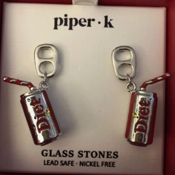 Piper K Silver Tone  & Red Enamel Diet Coke & Straw Drop Earrings New. in Box - Picture 3 of 3